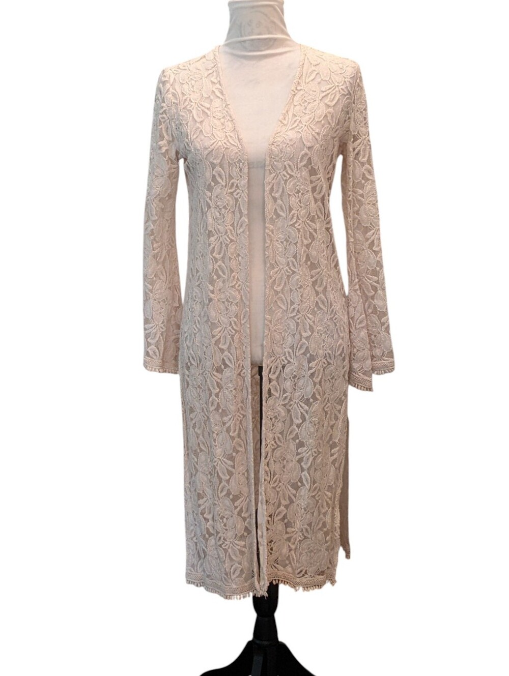 FOREVER 21 Duster Lace Maxi Long Cream Open Front Side Vents Crochet Small